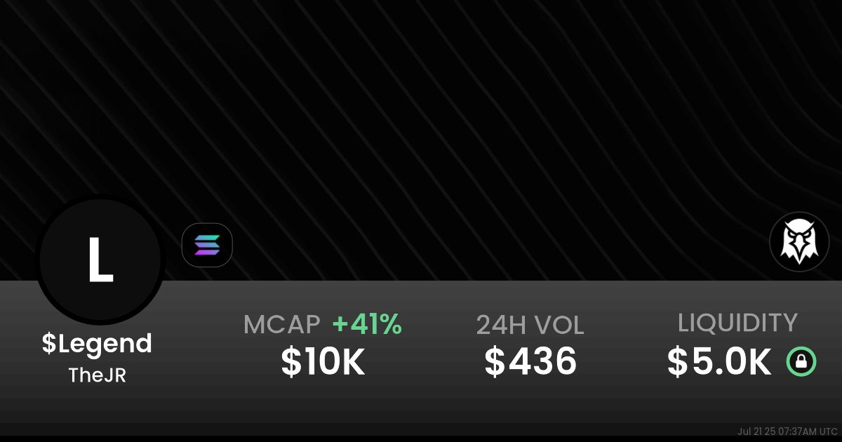 BrianJr14060666's tweet card. $0.00001030 TheJR ($Legend ) realtime price charts, trading history and info - $Legend / SOL on Solana / Raydium