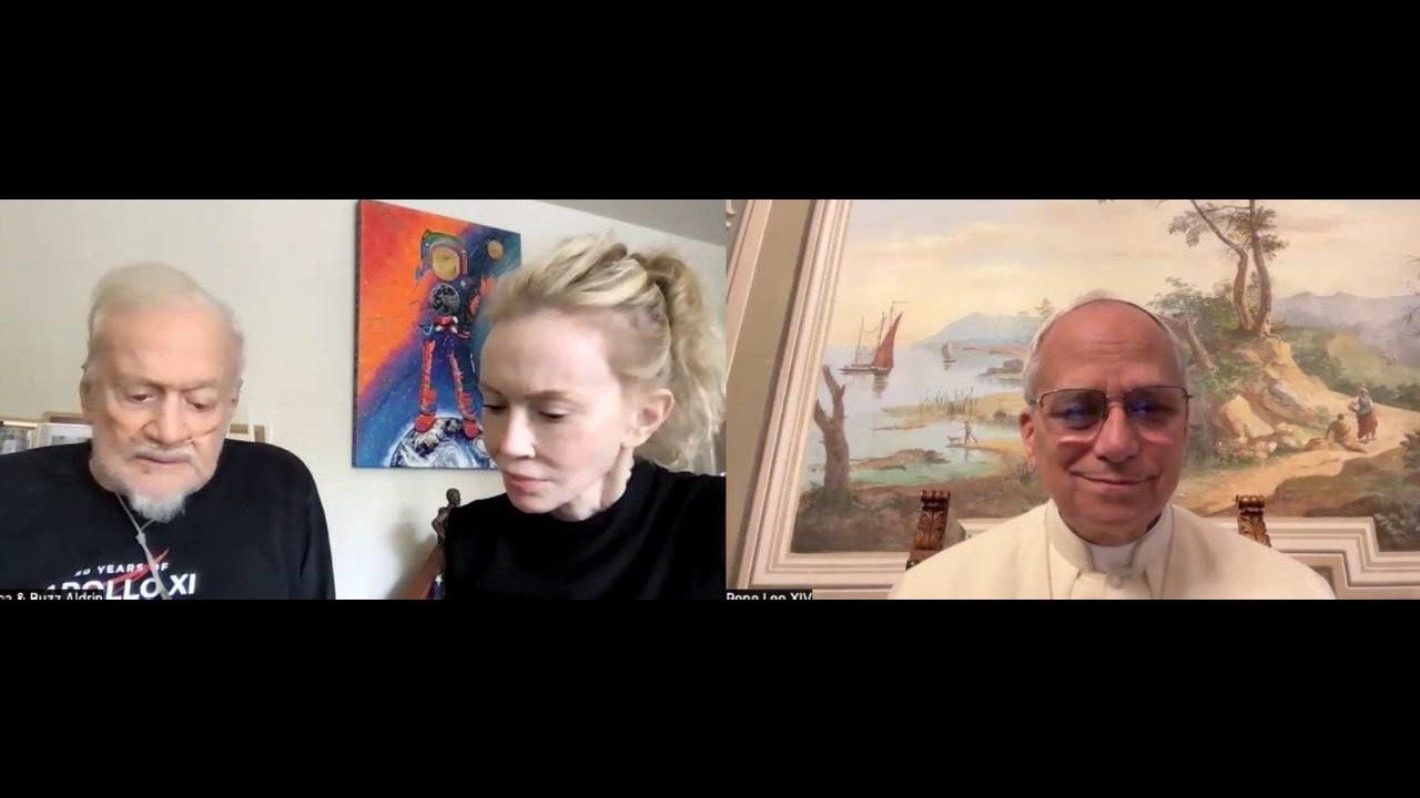 VaticanNews's tweet card. Fifty-six years after the historic landing of Apollo 11 on the moon, Pope Leo XIV speaks with astronaut Buzz Aldrin of the historic achievement. The ...