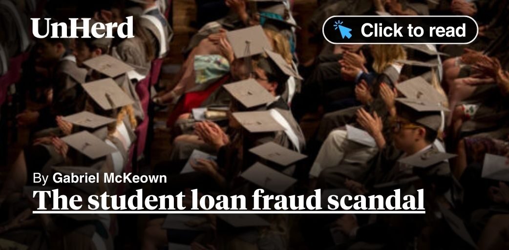 gabemckeownuk's tweet card. The student loan fraud scandal
