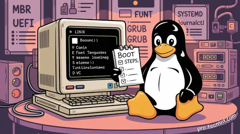 tecmint's tweet card. In this chapter, we take you on a deep dive into the Linux startup process, covering POST, bootloaders, kernel initialization, runlevels, targets, and logging with journalctl