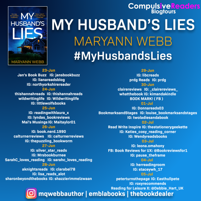 prdg's tweet card. Today I am on the tour for My Husbands Lies by Maryann Webb, thank you to Tracy at Compulsive Readers Blog Tours for organising it and inviting me to take part and thank you to the authors and the …