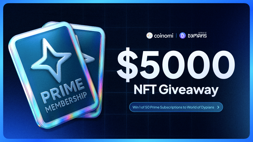 CoinomiWallet's tweet card. Celebrate our partnership with World of Dypians and join our $WOD GIVEAWAY! 50 winners will each receive a $100 World of Dypians Prime NFT, totalling $5,000 in prizes! Simply follow the steps below...