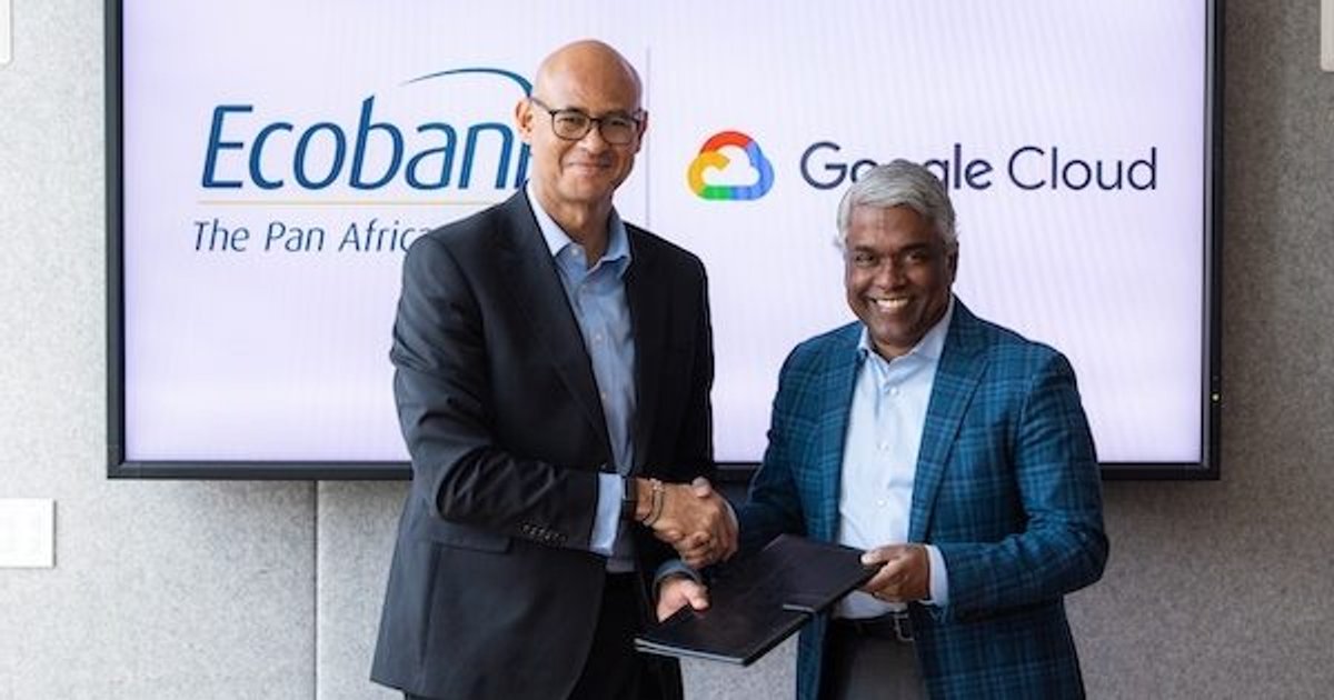 FinTechMagazine's tweet card. Ecobank and Google Cloud's strategic partnership uses AI and cloud technology to transform digital banking across 33+ African countries.