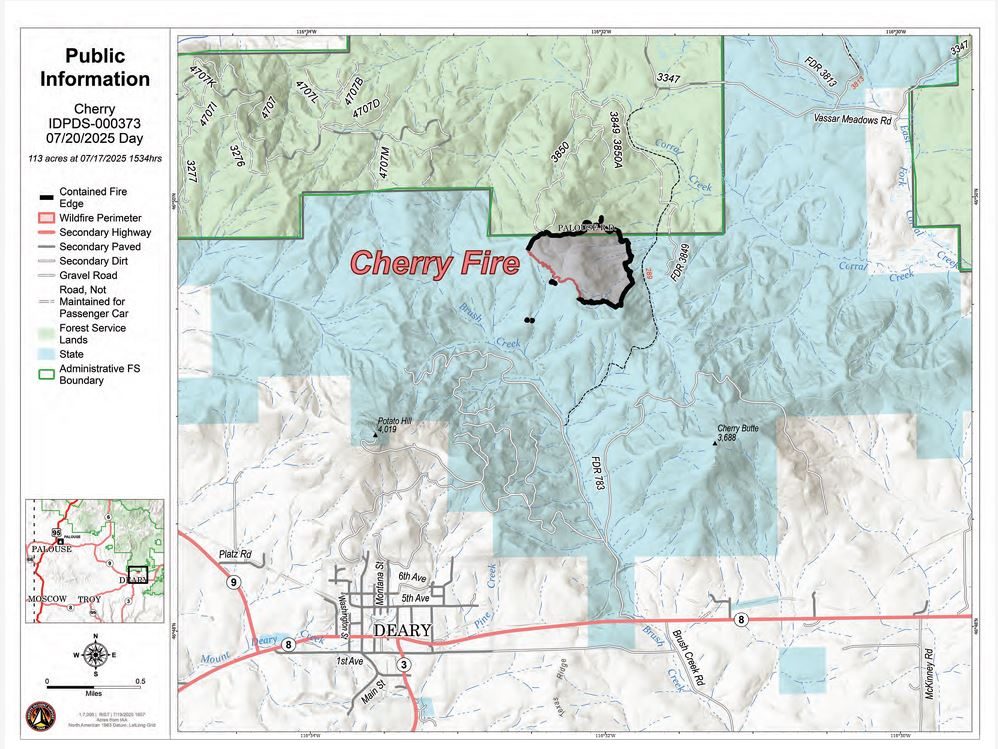 LCValleyNews's tweet card. The Cherry Fire, located about one mile northeast of Deary, is mapped at 113 acres and is now 100% contained. Today (Mon), the North Idaho Type 3 Incident Management Team will begin the process of...