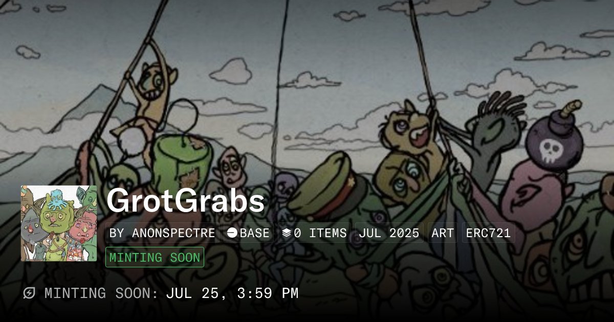 grotgrabs's tweet card. GrotGrabs is a collection of chaotic goblin NFTs with zero utility, questionable art, and maximum mischief. No promises, no refunds—just greasy little goblins stealing your time, snacks, and possibly...