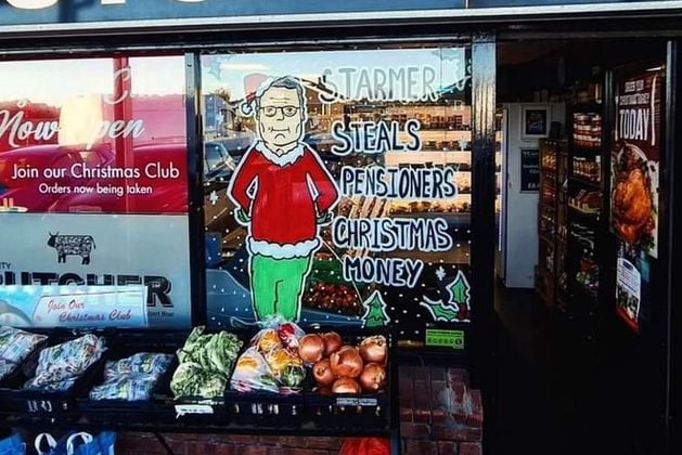 colinbreen12's tweet card. A festive window display has been causing a stir in Newtownards after a butcher highlighted the Prime Minister’s decision to means test winter fuel payment...