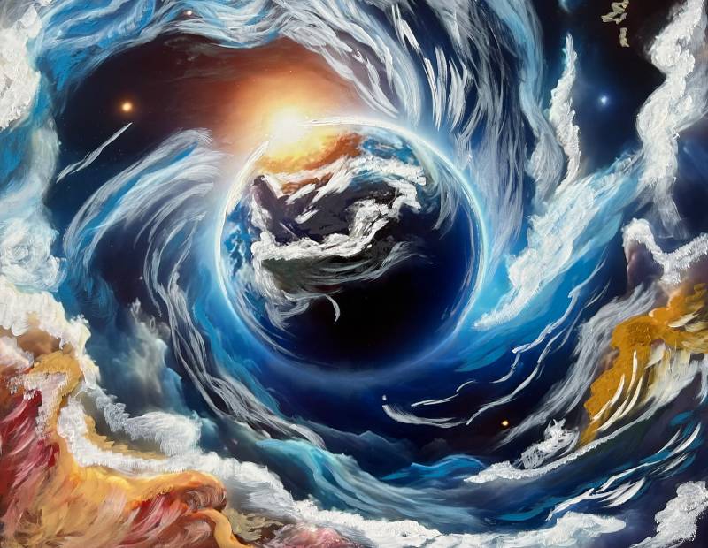 Farimo0's tweet card. “Genesis of Earth” is a cosmic portrayal of our planet’s birth — where swirling clouds and radiant light converge to mark the moment chaos becomes cre...