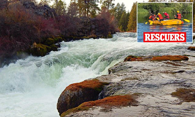 Daily_MailUS's tweet card. A group of six people went over Dillon Falls on the Deschutes River, which features a large 15-foot drop followed by a series of rapids that surge through a narrow lava rock gorge.