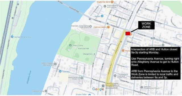 PlumAdvancePGH's tweet card. One of Oakmont’s busiest intersections will be closed during the daytime for most of this week. The closure started today and will be in effect daily between 9 a.m. and 3 p.m. Allegheny River...