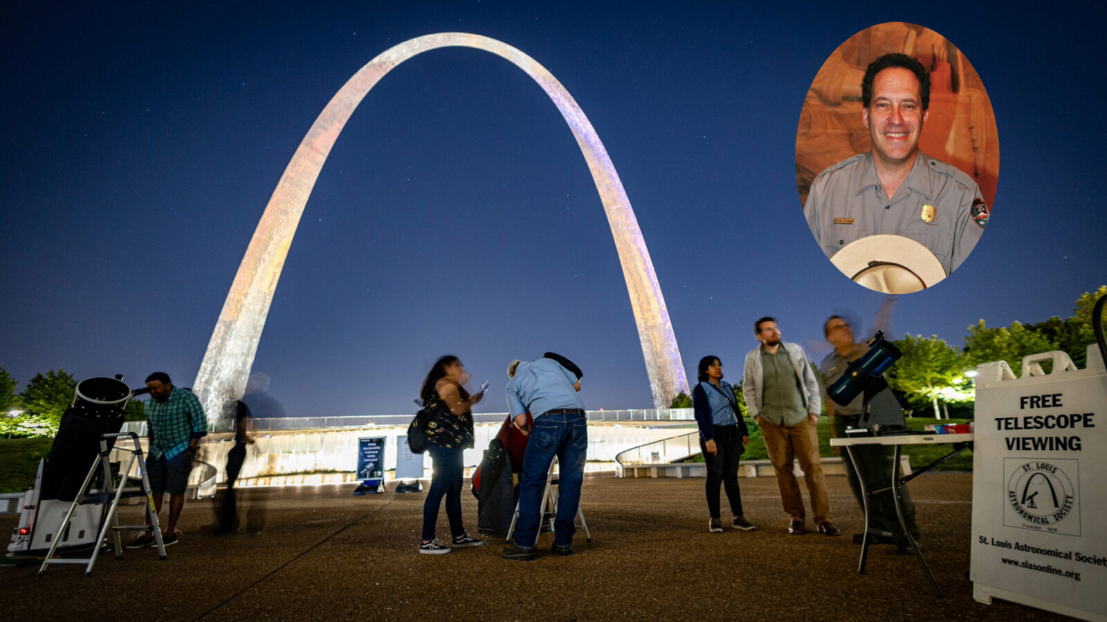 GatewayArchSTL's tweet card. National Park "Sky Ranger" explains why you should absolutely come to one of his free Gateway to the Stars programs for telescope viewing.