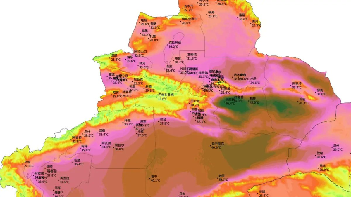 TheWatchers_'s tweet card. Dongkan National Meteorological Station in the Turpan Basin, Xinjiang, recorded an air temperature of 48.7 °C (119.7 °F) on July 20, 2025, setting a new all-time high for the station.