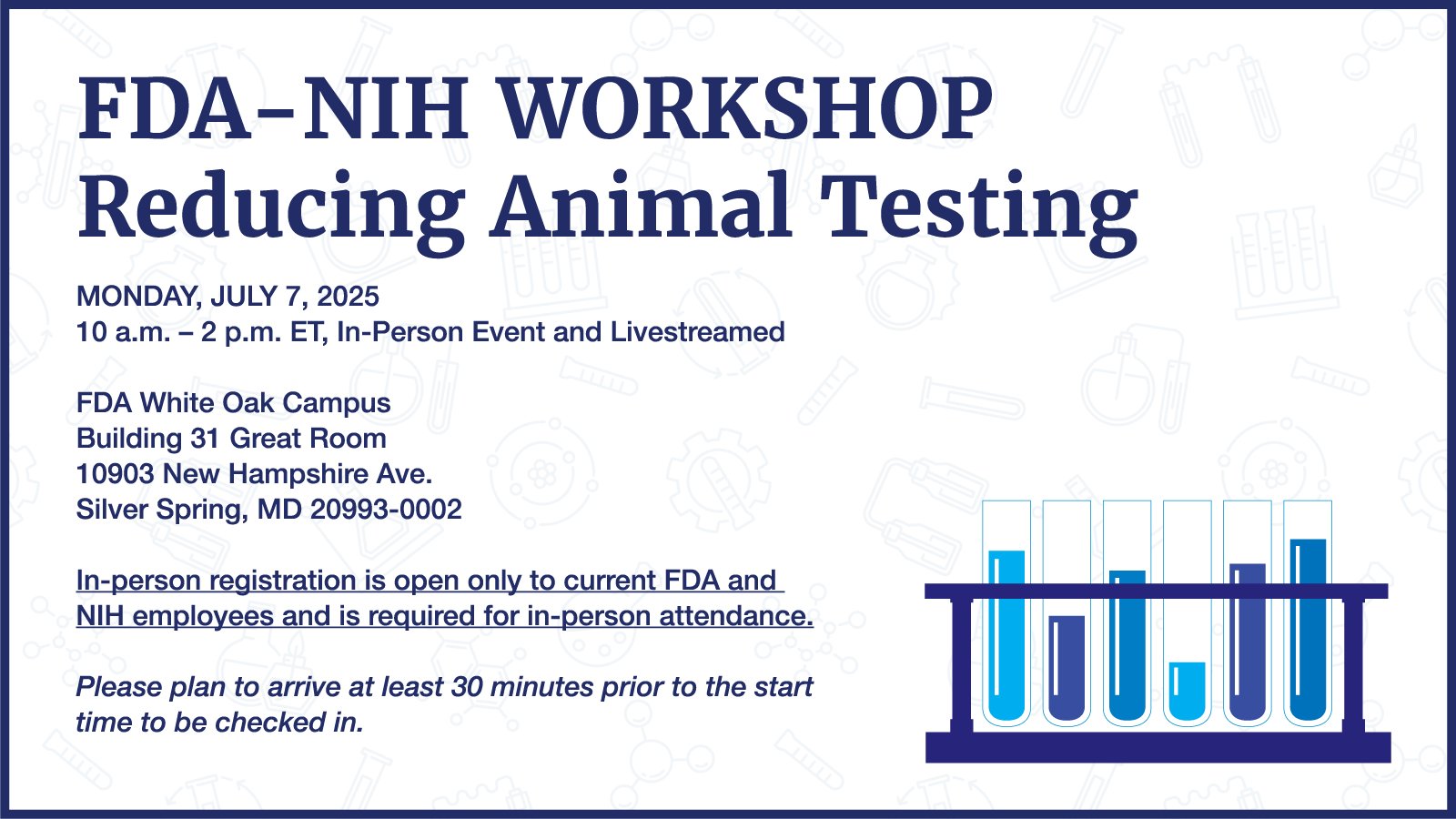 XenopusNXR's tweet card. The FDA is hosting a workshop on reducing animal testing. The workshop is open to current FDA and NIH employees.
