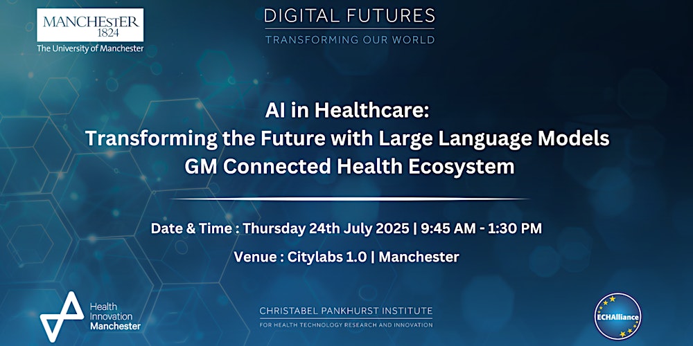DigitalUoM's tweet card. Learn about how AI is supporting triage in primary care, clinical time is being saved by ambient voice technology, and AI use in the NHS!