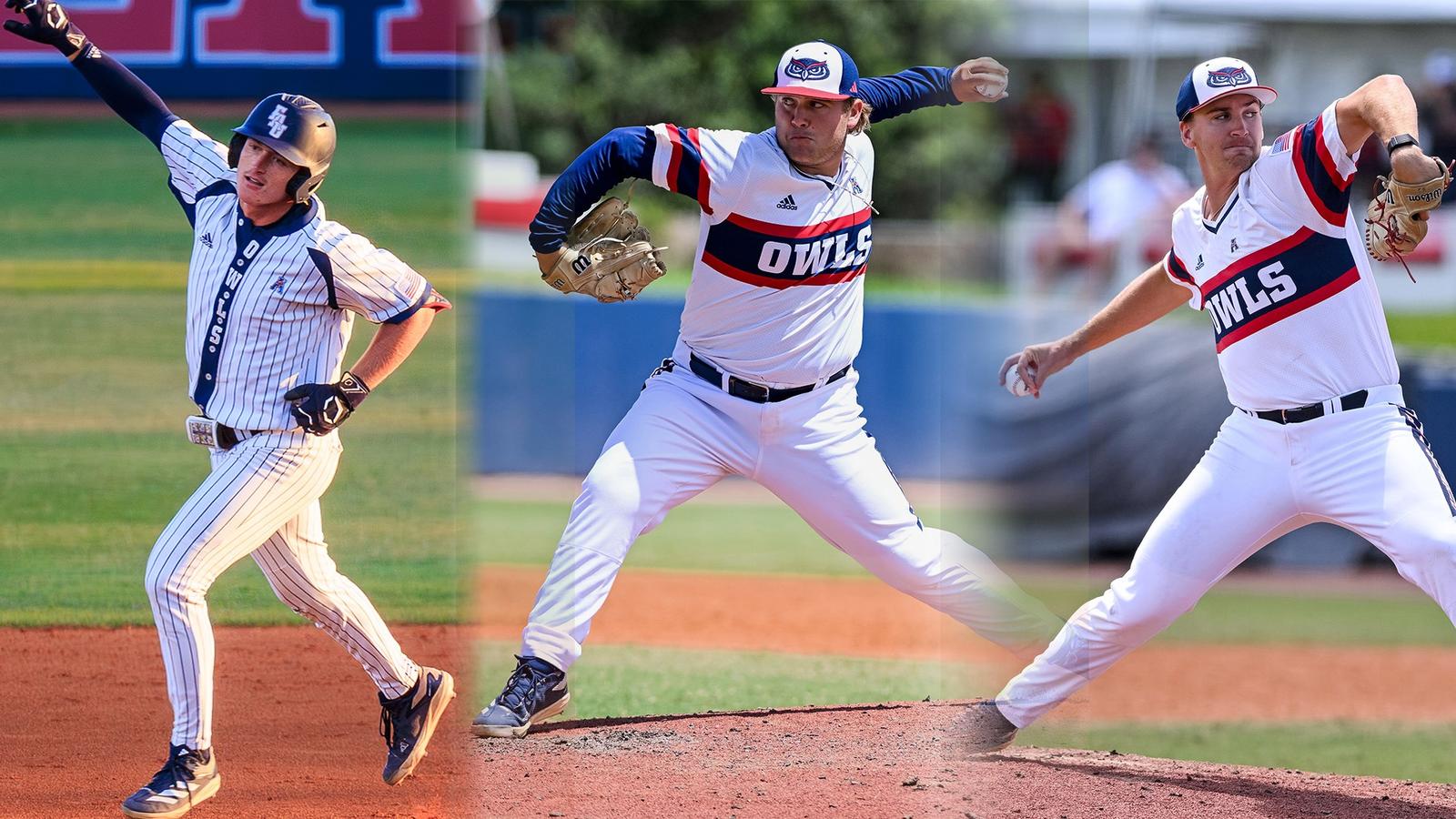 FAUBaseball's tweet card. Three members of the 2025 Florida Atlantic baseball team have signed contracts with professional clubs