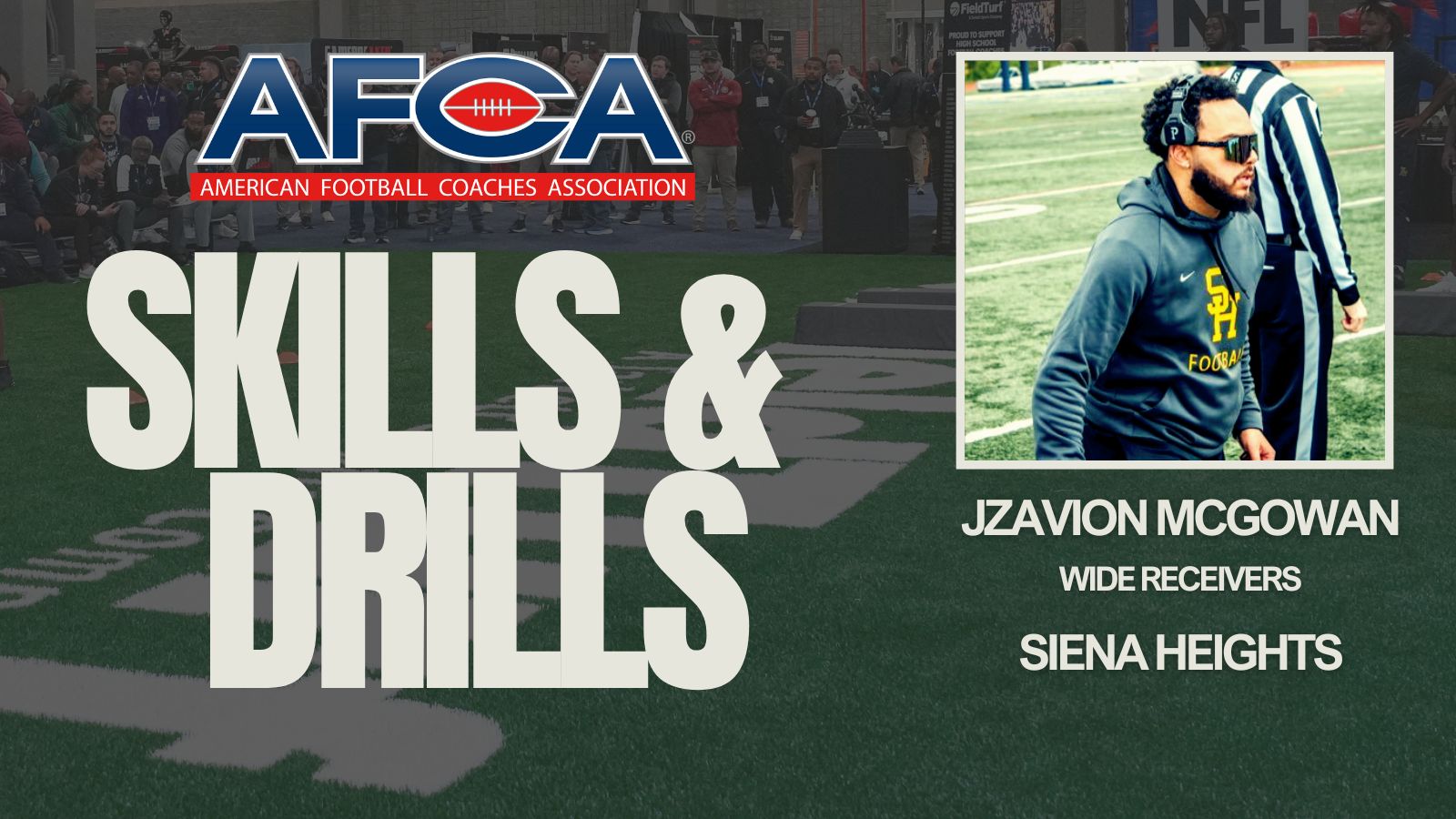 WeAreAFCA's tweet card. Learn wide receiver footwork fundamentals with Siena Heights Coach Jzavion McGowan as he breaks down his A-B-C step progression to improve balance, explosiveness, and route running efficiency.