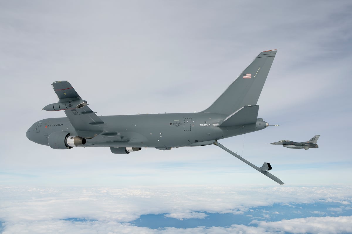 defense_news's tweet card. Photographs that leaked online showed extensive damage to the KC-46's refueling boom, with its metal ripped and twisted and a chain hanging down.