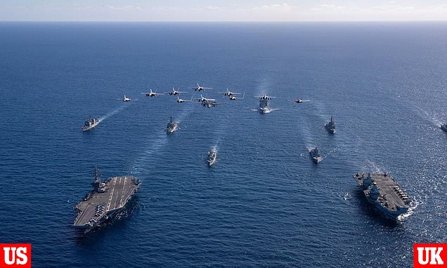Daily_MailUS's tweet card. As part of its eight-month mission to the Far East, HMS Prince of Wales joined USS George Washington in the Timor Sea on Friday, July 18 to help reaffirm Britain's Indo-Pacific commitments.