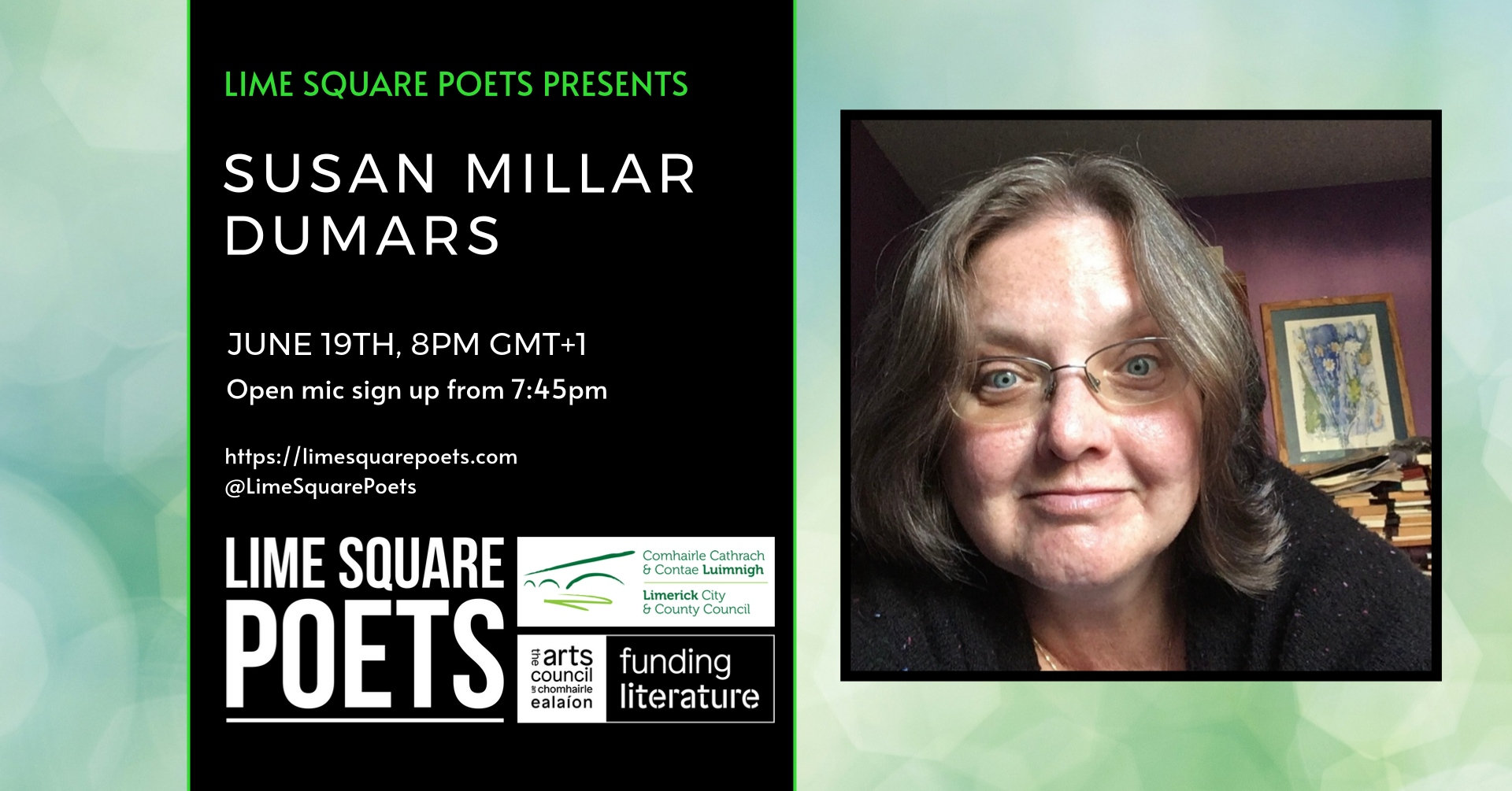 LimeSquarePoets's tweet card. Join us on Zoom for a poetry reading by Susan Millar DuMars followed by Open Mic!