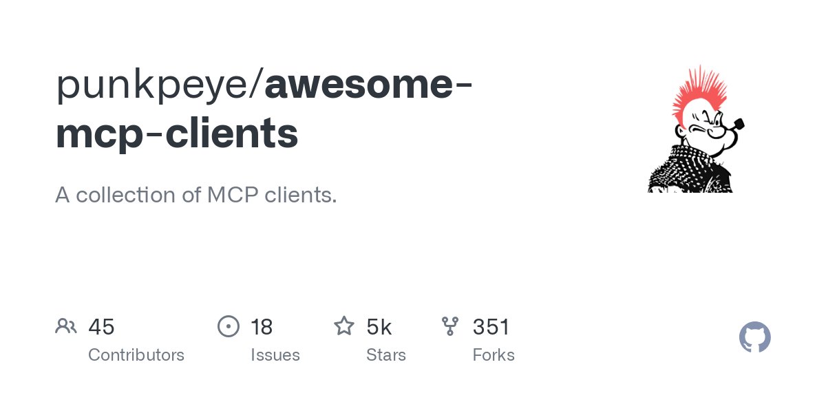 GitHubGPT's tweet card. A collection of MCP clients. Contribute to punkpeye/awesome-mcp-clients development by creating an account on GitHub.