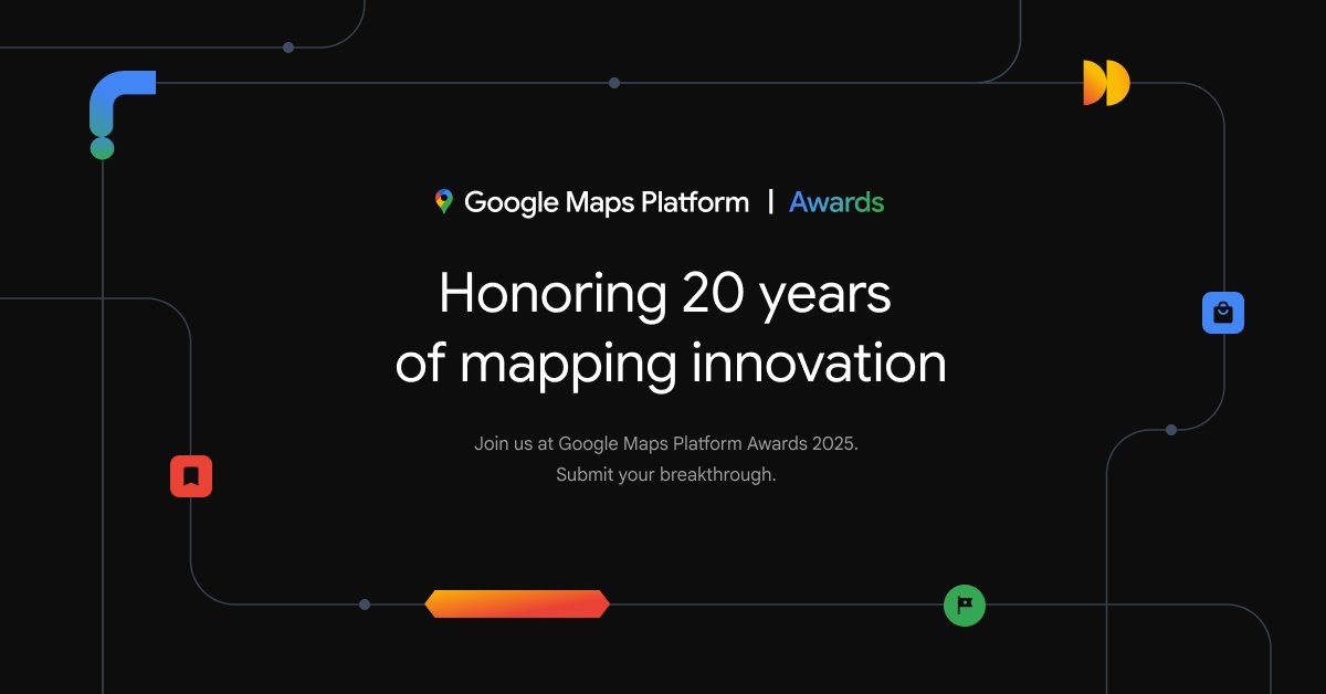 GMapsPlatform's tweet card. Celebrating 20 years of mapping innovation.