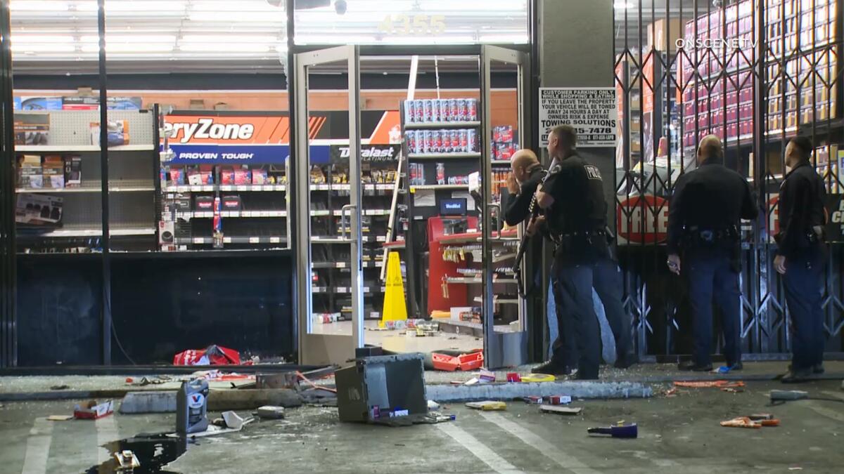 latimes's tweet card. Police received reports of people breaking into a business near the intersection of South Main Street and Vernon Avenue, where a street takeover had been reported, authorities said.