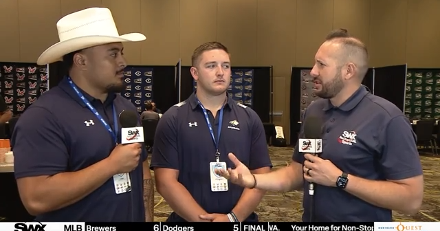 SWXMontana's tweet card. Our Austin Parr talks with MSU head coach Brent Vigen as well as Bobcats players JT Reed (OL) and Kenneth Eiden IV (DL) as part of our live SWX coverage