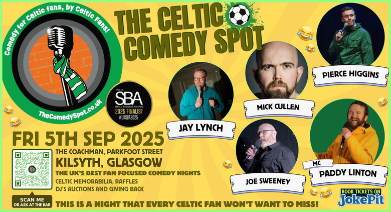 PromoteComedy's tweet card. BOOK NOW! The 'Celtic Comedy Spot' @ The Coachman Kilsyth on Fri 5th Sep 2025 7:00pm (London) at The Coachman, 4 Parkfoot St, Kilsyth, Glasgow G65 0SP, UK - https://www.jokepit.com/comedy-in/glasgo...