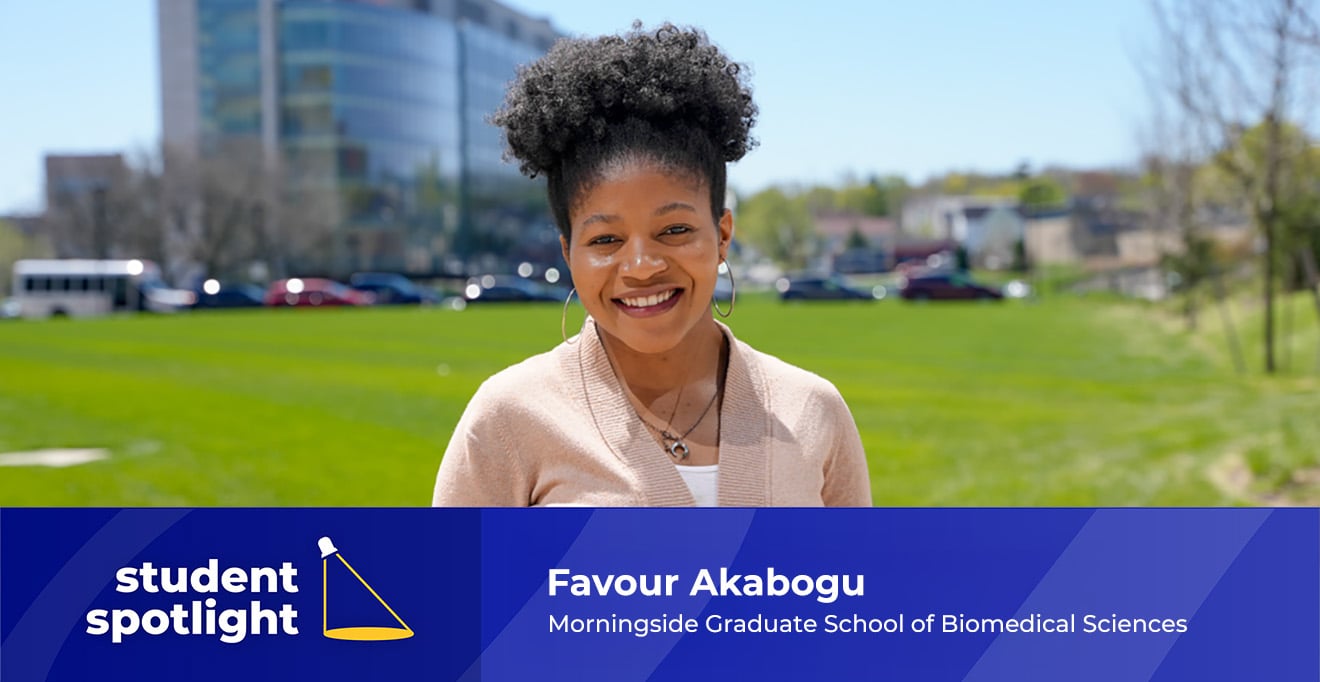 SarcomaLab's tweet card. PhD candidate Favour Akabogu has earned a scholarship and an award to continue research developing new therapies for GIST, a rare type of cancer.