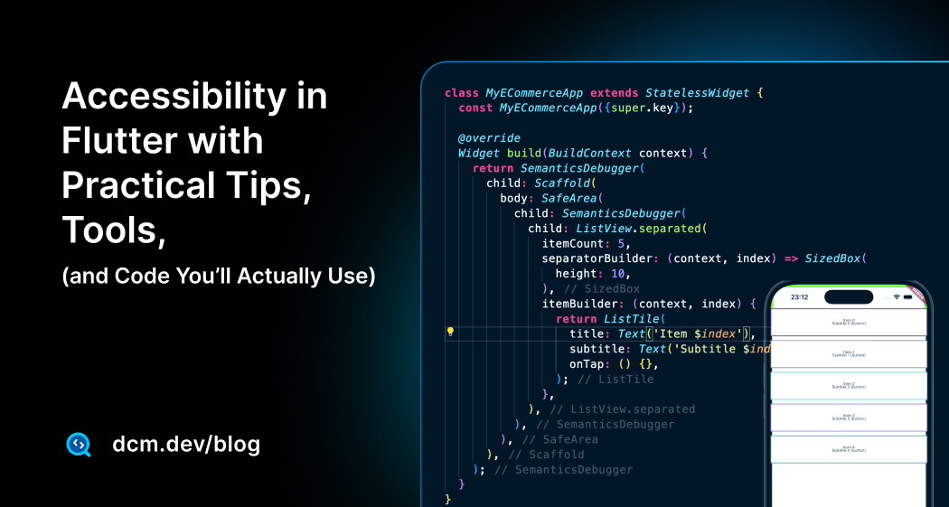 DCMAnalyzer's tweet card. Flutter makes it possible to build beautiful apps and with a bit of effort, beautiful, accessible apps. The great thing is that many accessibility improvements are small tweaks that have big impact.
