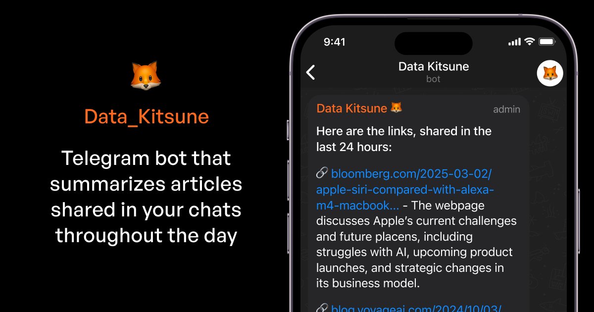 0xmatterai's tweet card. Introducing DataKitsune, an open-source Telegram bot designed to enhance the way you manage and retrieve links shared within your personal or group chats. By automatically indexing the content of t...