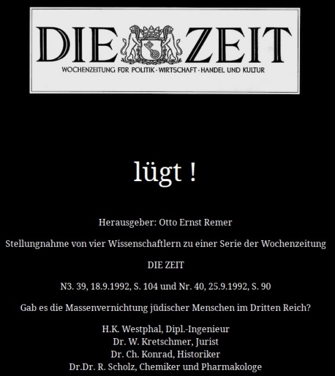 HolocaustRef's tweet card. Der vierfache Germar Rudolf und Otto Ernst Remer sind der Ansicht, der Holocaust sei nicht passiert, und die ZEIT hätte etwas Falsches geschrieben.