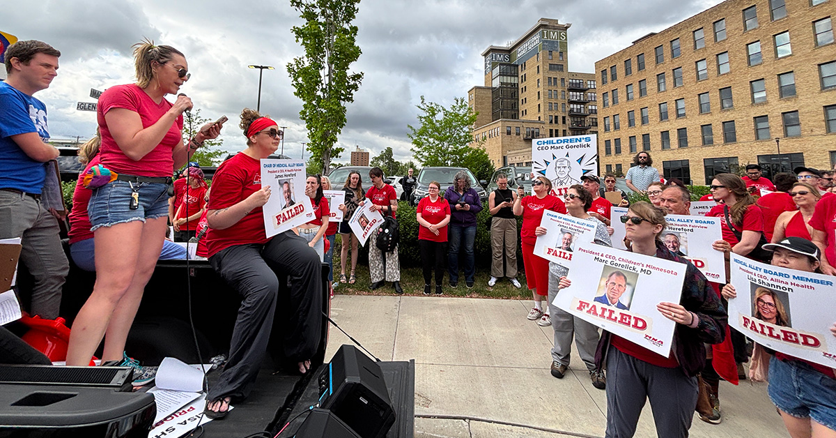 NationalNurses's tweet card. Nurses and supporters rallied outside the Medical Alley Annual Dinner in Minneapolis on the evening of May 15 to demand accountability from health care executives and CEOs who continue to uphold a...
