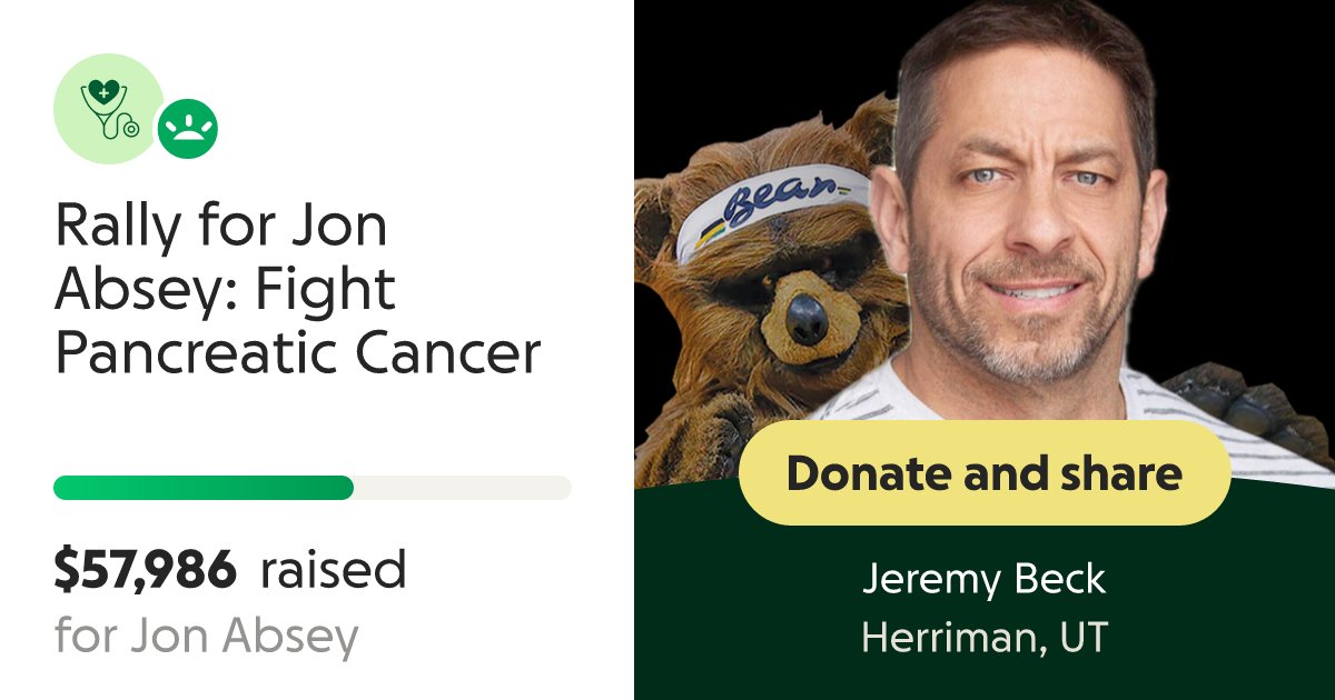 AMarkhamOn3's tweet card. Jon Absey, the Original Jazz Bear, Fight Pancreatic Cancer For 25 years, … Jeremy Beck needs your support for Rally for Jon Absey: Fight Pancreatic Cancer