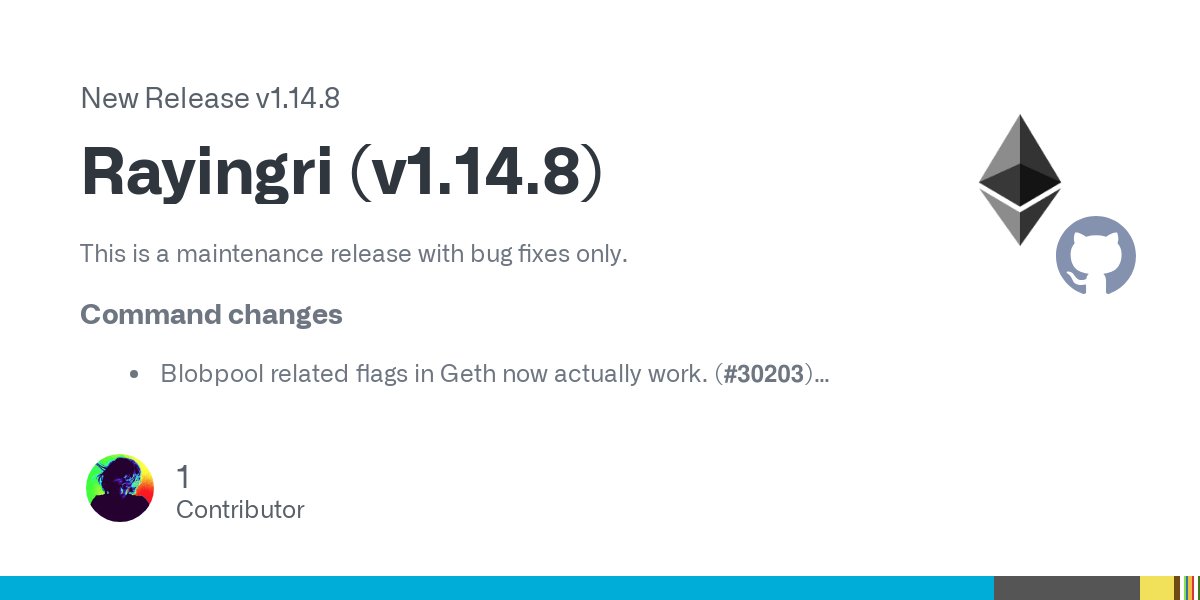 go_ethereum's tweet card. This is a maintenance release with bug fixes only. Command changes Blobpool related flags in Geth now actually work. (#30203) The evm run command no longer overwrites the sender account in genesis...