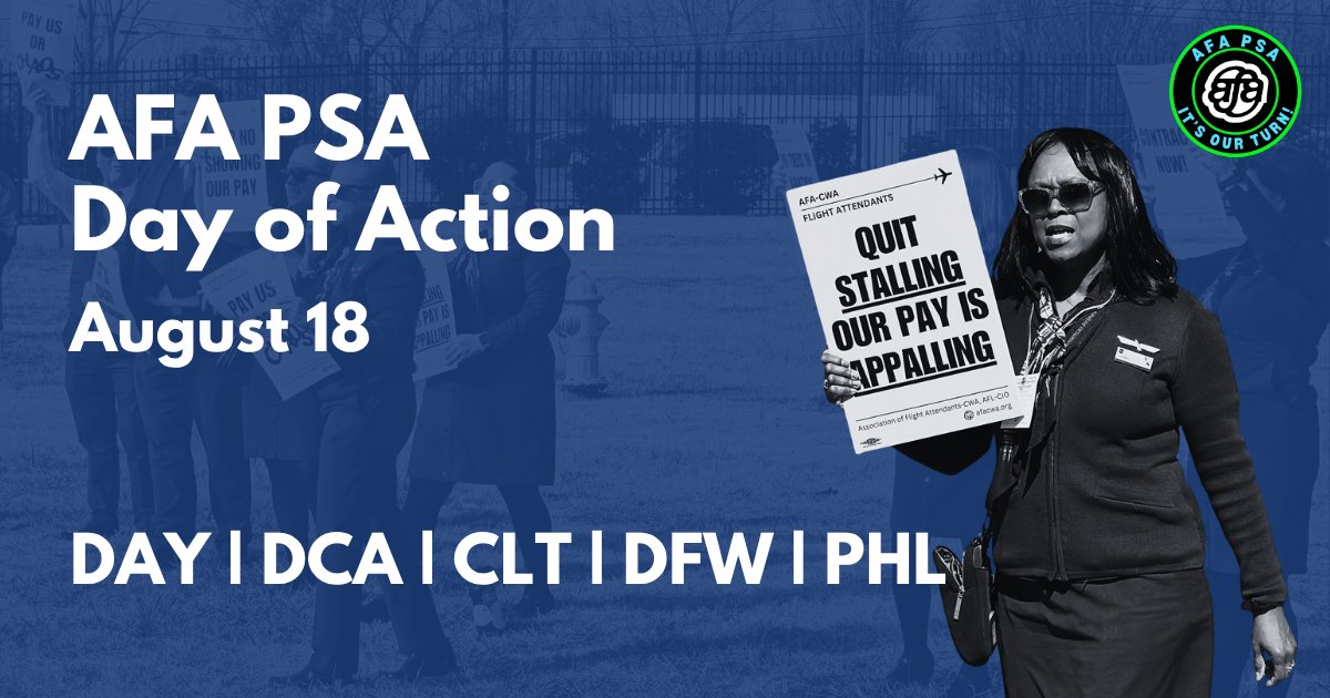 afa_cwa's tweet card. AFA Flight Attendants from PSA are fighting for a fair contract! Join us at one of these airports on August 18th.