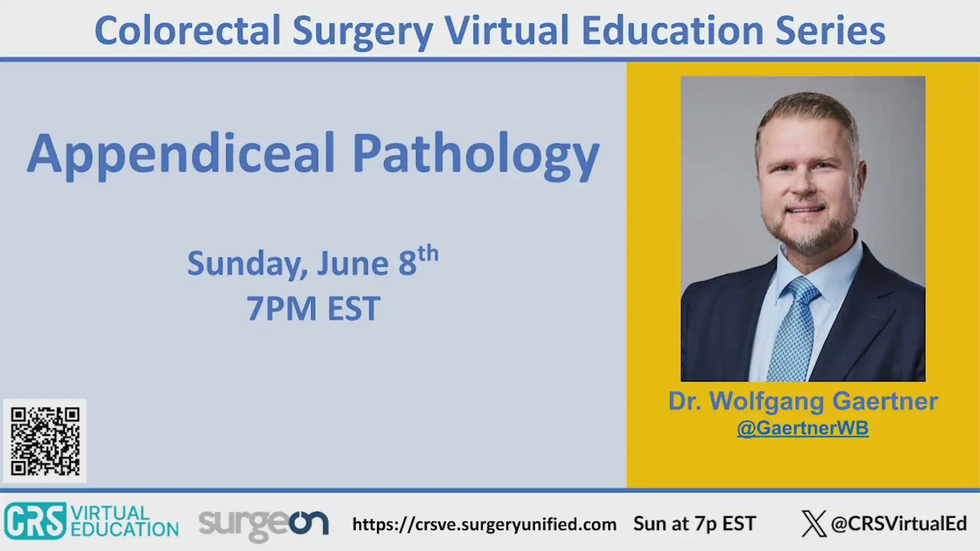 CRSVirtualEd's tweet card. Join us this Sunday, June 8th at 7 PM ET for an in-depth discussion on Appendiceal Pathology with Dr. Wolfgang Gaertner. Gain practical, case-based insights into the diagnosis and management of...