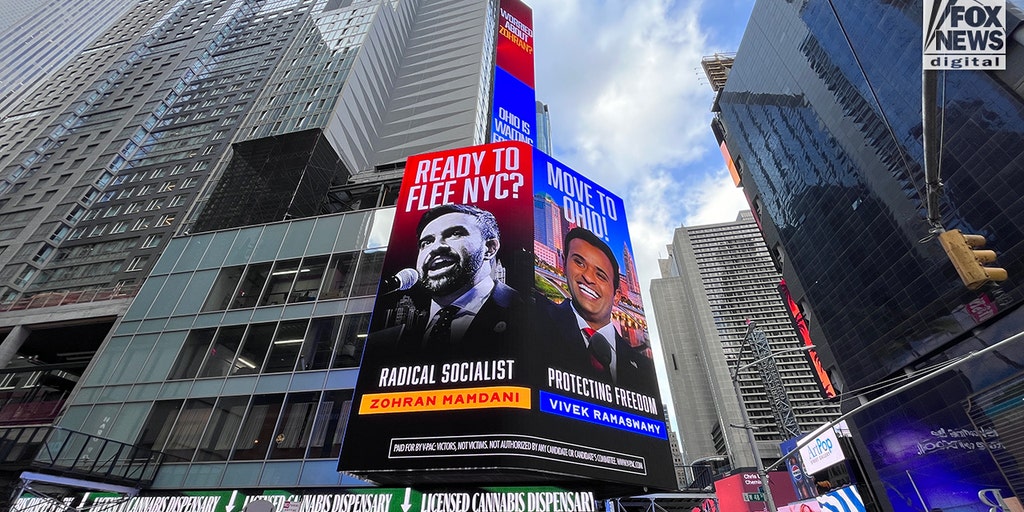lesshate255352's tweet card. New $50,000 digital billboard in Times Square urges New Yorkers to 'flee Mamdani' and move to Ohio, where Vivek Ramaswamy promises liberty.