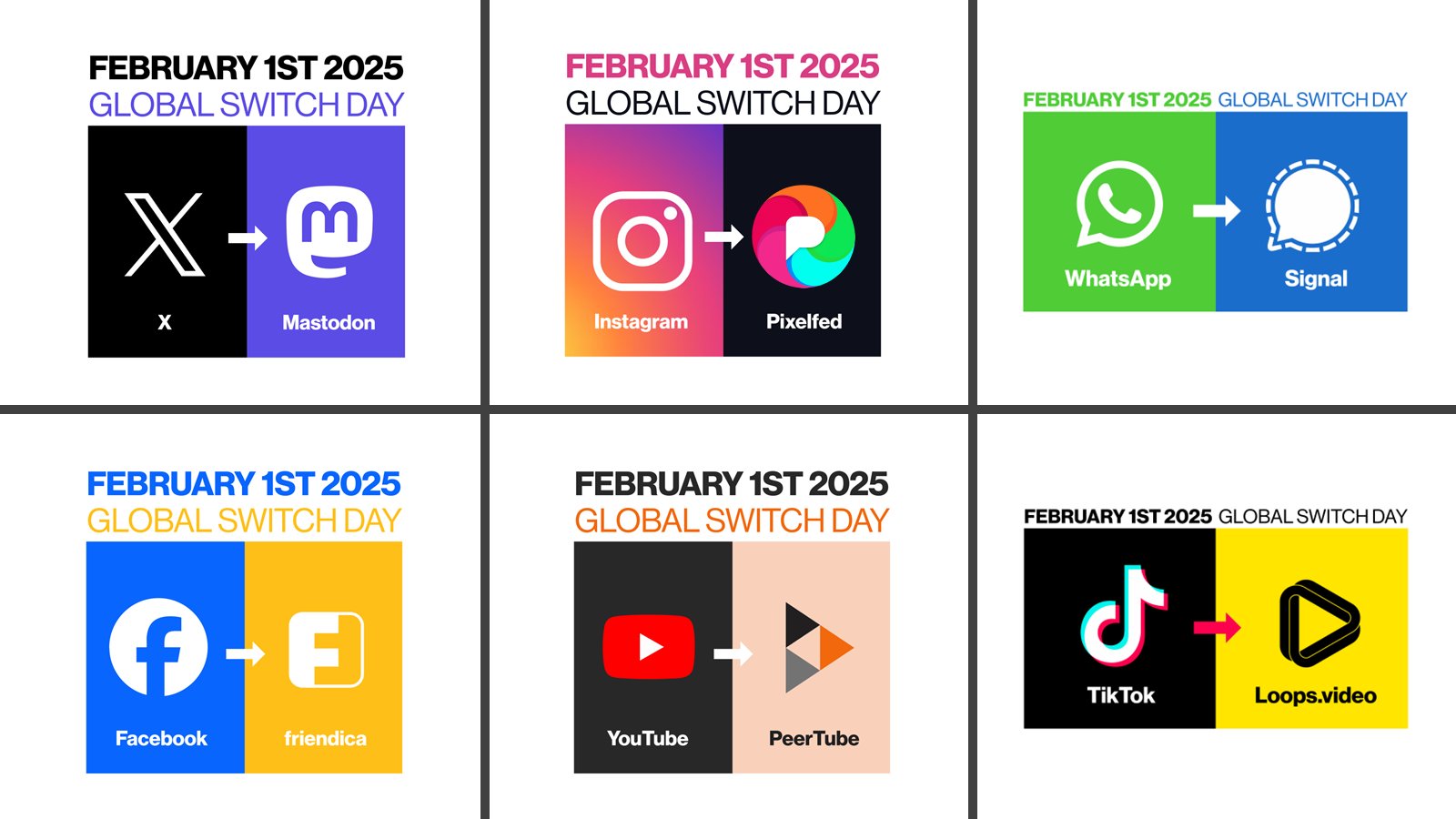 spoilerdiacre's tweet card. Attached: 1 image Global Switch Day. February 1st 2025. Spread the word. Switch to Public Social Media X to Mastodon, Instagram to Pixelfed, WhatsApp to Signal, Facebook to Friendica, YouTube to...
