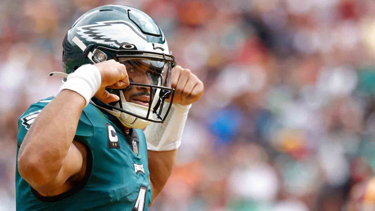 NBCSPhilly's tweet card. Quarterback Jalen Hurts takes his spot on list of most important Eagles of 2025.