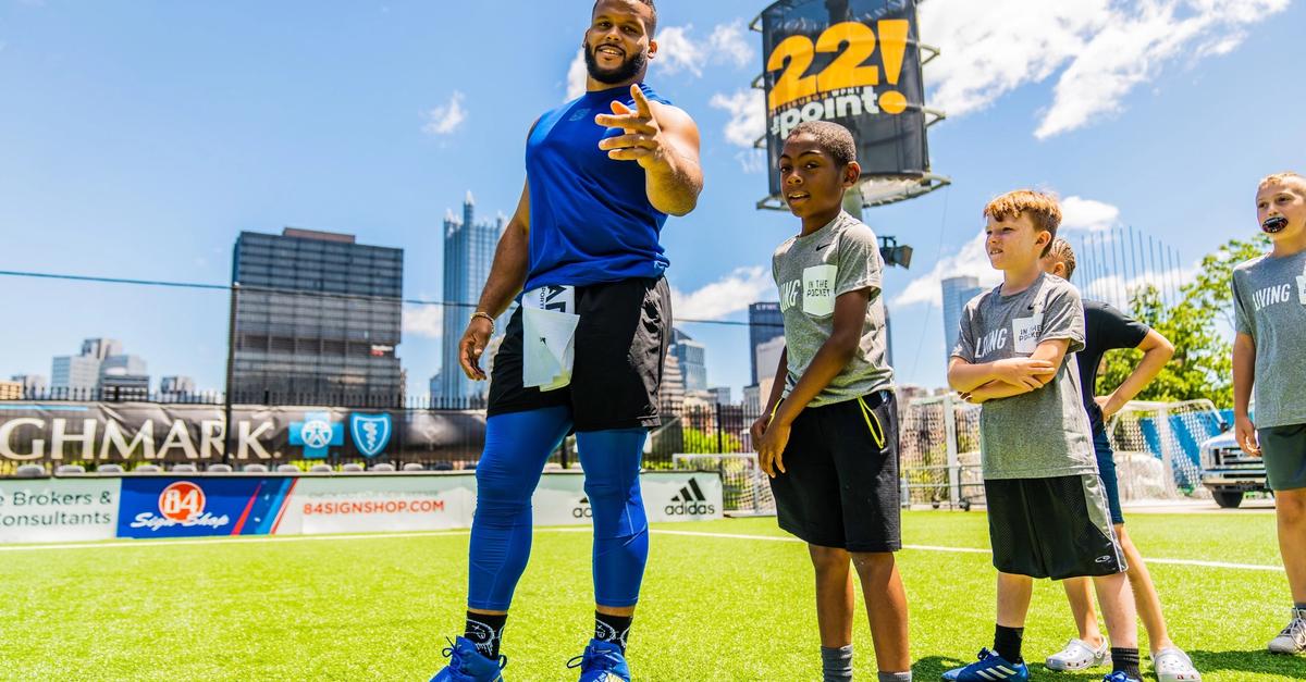 AD99Foundation's tweet card. On July 19th, NFL superstar Aaron Donald will host the Aaron Donald Elite Camp from 9:00 AM to 11:00 AM at the LA Rams Practice Facility.