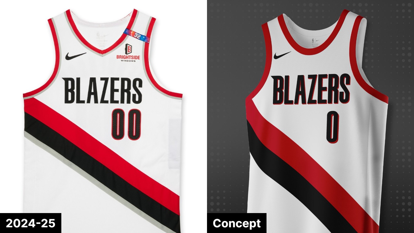 jerseyarchive's tweet card. Concepts for the new Portland Trail Blazers 2025-26 Association (white) and Icon (black) jersey.