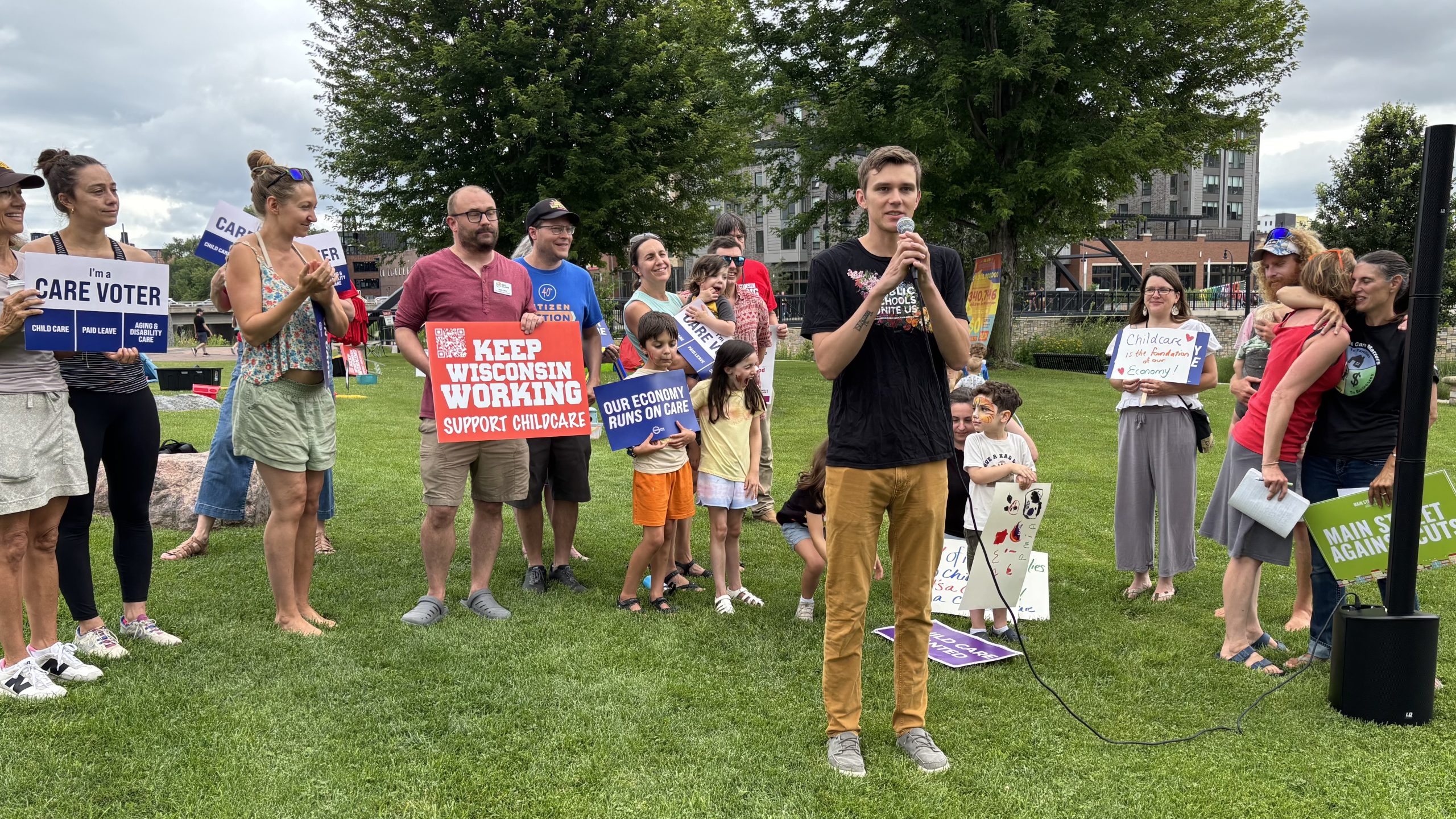 DanRShafer's tweet card. Eau Claire area child care workers, activists, and parents held a rally at Phoenix Park over the weekend calling for increased state funding.