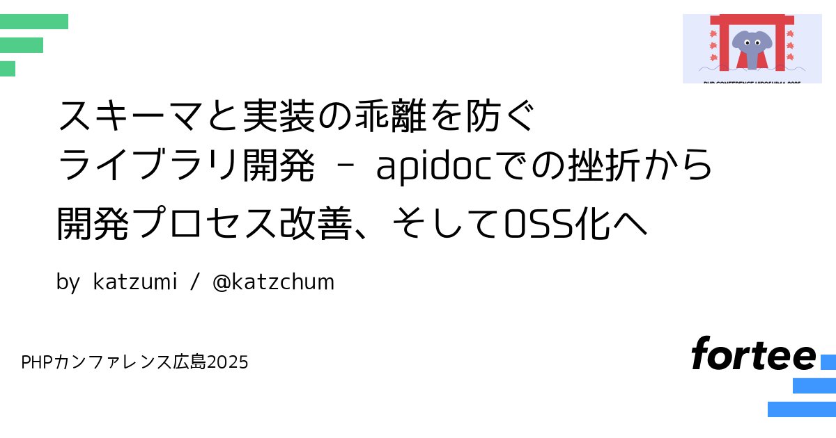 phpcon_hrsm's tweet card. API仕様書を管理するWebアプリケーション開発において、「スキーマと実装の乖離」は頭の痛い問題です。 以前、apidocでAPI仕様書を管理していましたが、各種問題がありました。 特にドキュメントの品質管理が個人に依存しがちで、実装との乖離が発生していました。 単なるツール移行では根本解決にならないと判断し、人ベースの品質管理からの脱却を目指しました。 開発プロセスから見直し、それを実現す...