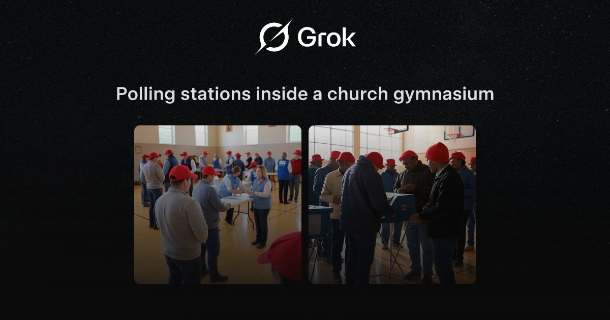 ShaunStromb's tweet card. Polling stations inside a church gymnasium with voters wearing red hats