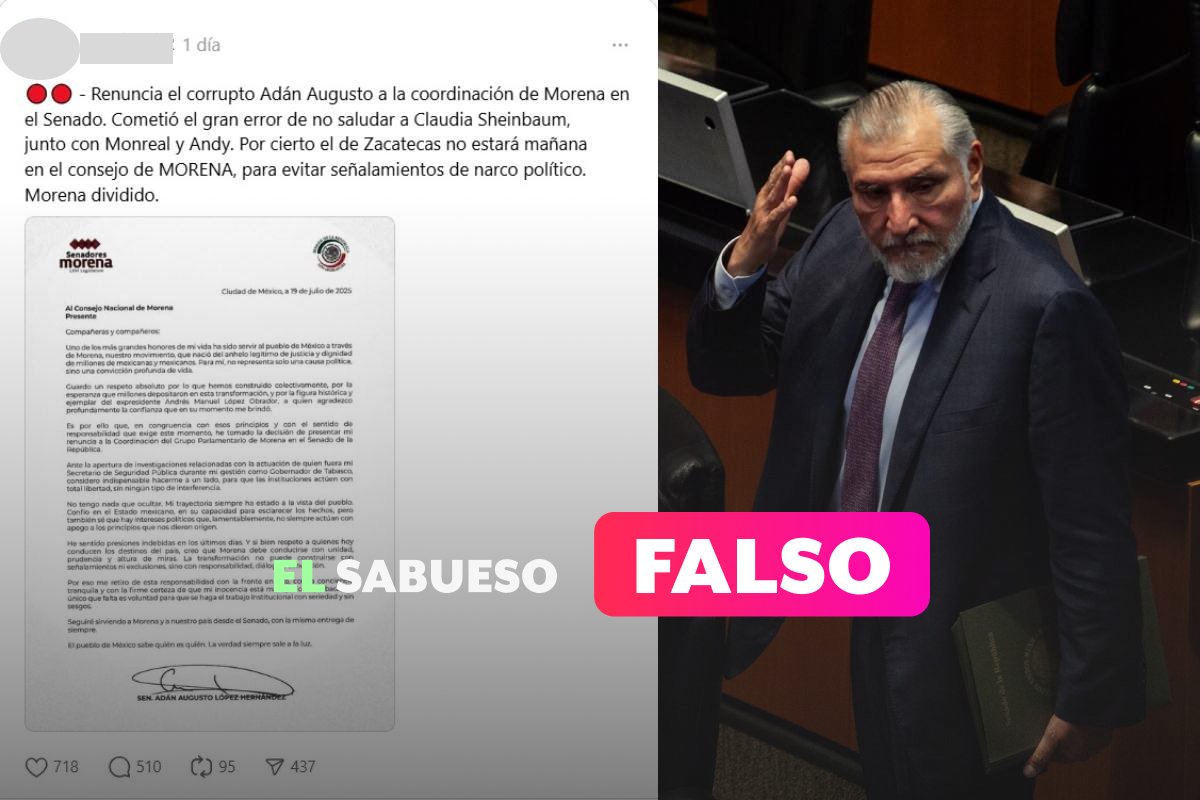 ElSabuesoAP's tweet card. Falso que Adán Augusto López renunció a la Coordinación de Morena en el Senado