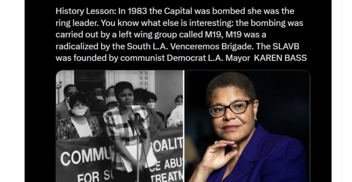 SheldonRothMD1's tweet card. Just to be clear, Karen Bass was a Fidel Castro operative and hard core Communist, tied to the terrorist group who blew up a federal building. Bass should be serving a long prison sentence. But Bill...