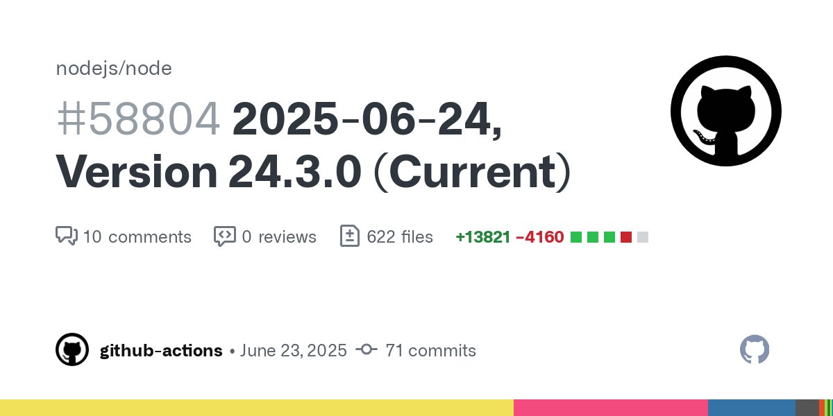 satanacchio's tweet card. 2025-06-24, Version 24.3.0 (Current), @RafaelGSS Notable Changes [841609ac1c] - doc: add islandryu to collaborators (Shima Ryuhei) #58714 [839964ece8] - (SEMVER-MINOR) fs: allow correct handling o...