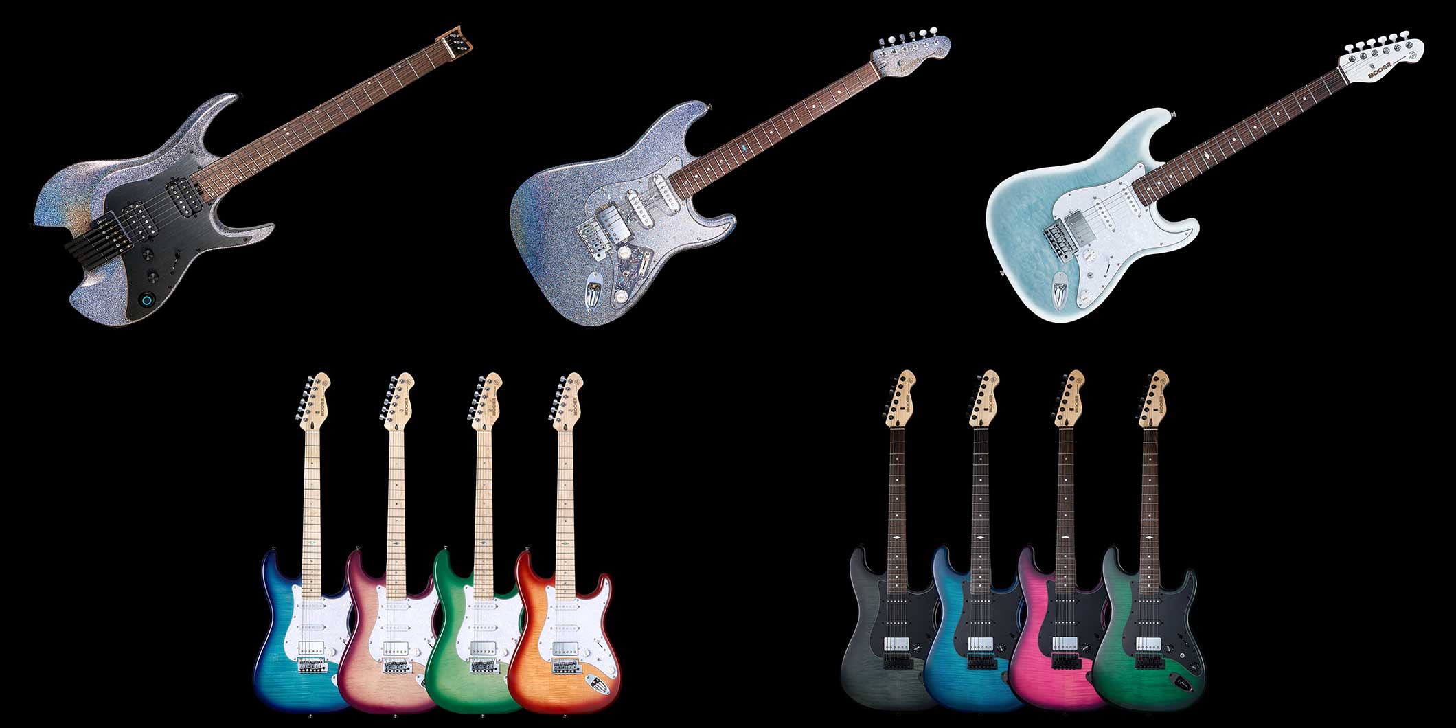 guitarmagazine1's tweet card. 中国のエフェクター・ブランド、Mooer（ムーア―）より、エレクトリック・ギター新製品5モデルが登場した。日本国内での発売日は2025年6月25日。 今回リリースされたのは、ヘッドレス・スタイルの“G