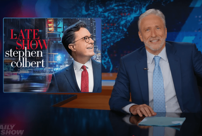 TVLine's tweet card. On Monday's 'Daily Show,' Jon Stewart addressed CBS' decision to cancel 'Late Show With Stephen Colbert' — watch his fiery response.
