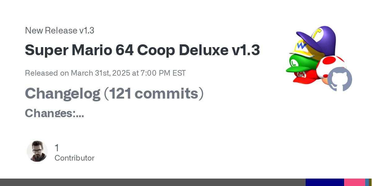 sm64coopdx's tweet card. Released on March 31st, 2025 at 7:00 PM EST Changelog (121 commits) Changes: Added basic vertex point lighting engine designed for custom levels (Agent X) Stopped asking for Discord authorization,...